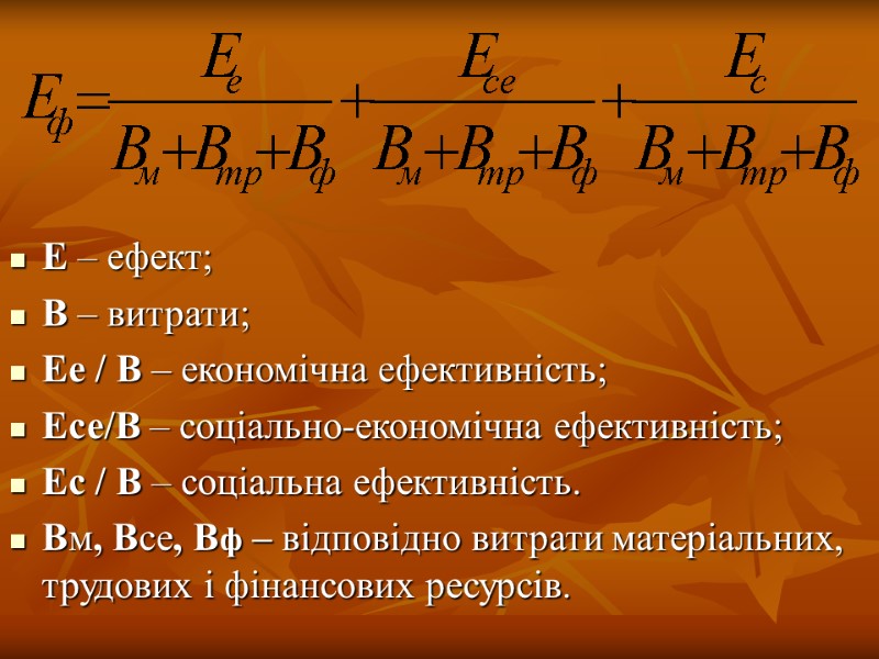 Е – ефект; В – витрати; Ее / В – економічна ефективність; Есе/В –